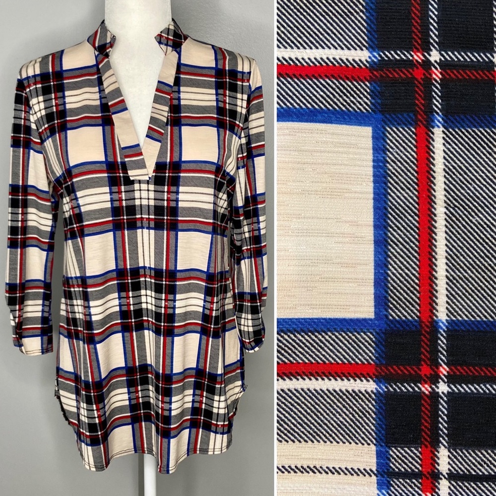Sol R.H.R | Split Neck Knit Plaid Tunic, Red, White, Blue, Cream & Black- Medium
